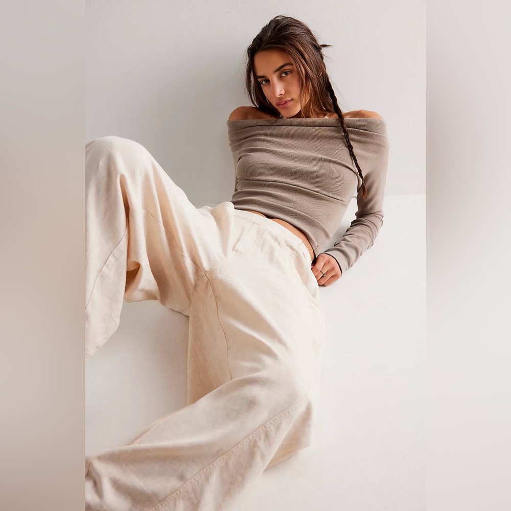 NWT FREE PEOPLE High Road Solid Pull-On Barrel Pants | Birch/Tan MSRP $78 Size S - Picture 5 of 10